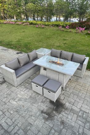 Fimous Rattan Fire Pit Set Gas Heater Burner Lounge Sofa Dining Table With Side Coffee Table 2 pc Stool in Light Grey