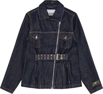 Ganni belted zip denim jacket - Blue