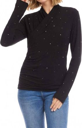 Karen Kane Long Sleeve Embellished Drape Front Crossover Top In Black