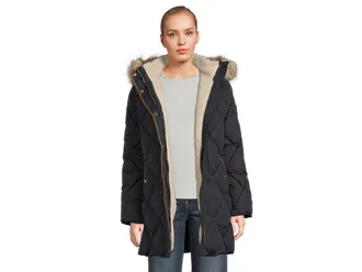 Lauren Ralph Lauren Faux Fur Trim Hooded Puffer Womens Coat Dark Navy : SM, Polyester