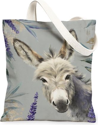 Generic Donkey Floral Canvas Tote Bags, Animal Plant Pattern Reusable Bags, Vintage Lightweight Washable Shoulder Strap Canvas for, Gray, 13x15 Inch