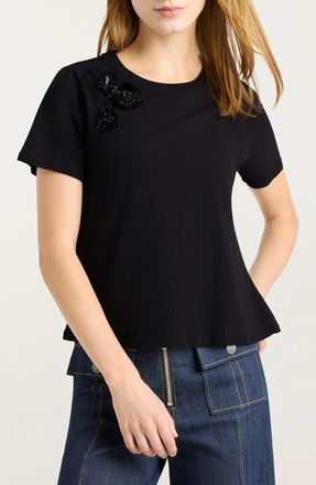 Cinq &agrave; Sept Crunchy Flower Appliqu&eacute; Shrunken Cotton T-Shirt in Black at Nordstrom, Size X-Small