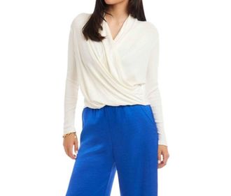 Karen Kane Long Sleeve Ribbed Drape Front Crossover Top In Off White