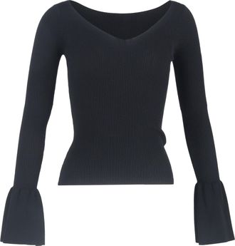 Sandro Sandro Ribbed-Knit Bell-Sleeved Sweater in Black Viscose