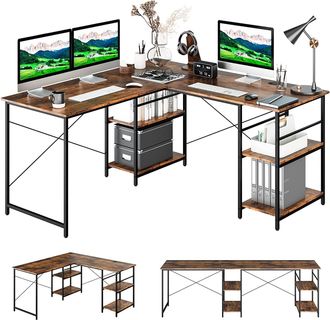 Costway Costway - Escritorio De Ordenador En Forma De L, 3 Orificios Para Cables, 4 Estantes, 2 Formas, Mesa De Trabajo De 2 Personas,mesa Escritorio Esquina 