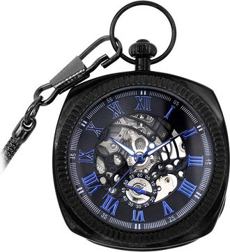 Infinity Leather Mechanisch zwartblauw vintage skelet vierkant open zakhorloge