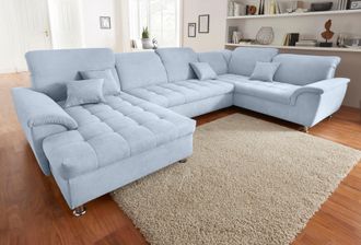 Domo Collection Wohnlandschaft »Franzi optional mit Bettfunktion, Bettkasten & Kopfteilverstellung« U-Form, Recamiere links, pastelblau, B/T: 352/214 cm