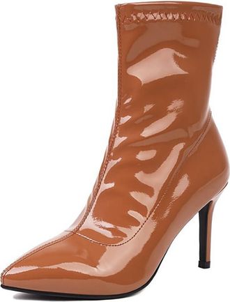 Generic MiaZane Womens Fashion Boots Stiletto Heel Pointed Toe Patent Leather Ankle Short Boots with Side Zip for Office Wear & Evening Reception Soft Lining,