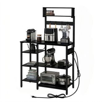 Relaxdays Estanter&iacute;a Cocina Relaxdays Con Enchufes Y Usb, 151x82x40 Cm, Para Microondas, De Pie, Acabado Madera, Metal Negro