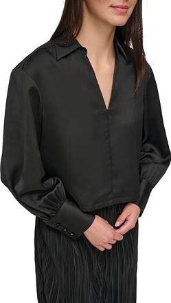 DKNY Long Sleeve Collard V-Neck Satin Blouse Womens Clothing Black : SM, Polyester/Satin