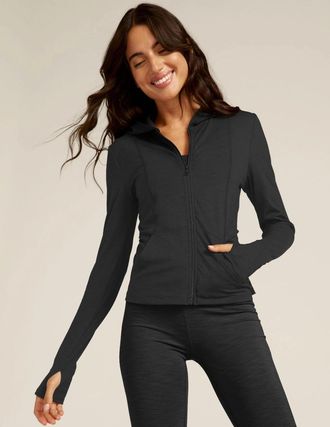 Beyond Yoga Beyond Yoga Heather Rib Morning Jog Hoodie Womens Black Thumbhole GBO 59