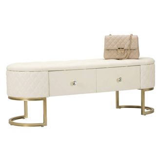 Dmora Dmora - Mesa Xingu, Banco Multiusos, Asiento De Invitados, Cofre Multifuncional, 120x40 H43 Cm, Blanco Y Oro