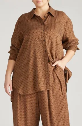 Universal Standard Cooling Oversize Button-Up Shirt in Brown Hacienda Print at Nordstrom, Size 4Xl