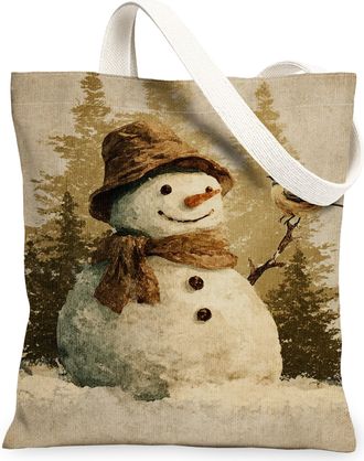 Generic Winter Snow Man Canvas Tote Bags, Rustic Snow Man Design Reusable Grocery Bags, Vintage Lightweight Washable Shoulder Strap, Beige, 13x15 Inch