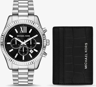 Michael Kors Oversized Lexington Silver-Tone Watch and Crocodile-Embossed Leather Card Case Gift Set