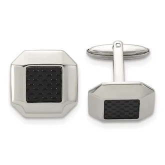 Diamond2Deal Stainless Steel Polished Black Carbon Fiber Inlay Cufflinks