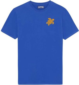 Vilebrequin Tops, Heren, Blauw, L, Katoen, T-shirt gemaakt van biologisch katoen met geborduurde schildpad voor heren
