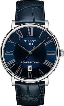 Tissot T-Classic Carson Powermatic 80 Leather Strap Watch, 40mm in Blue/Silver at Nordstrom Rack