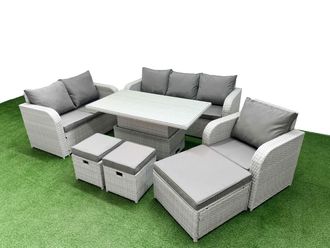Fimous Patio PE Wicker 9 Seater Outdoor Rattan Furniture Sofa Sets w/ Adjustable Lifting Dining or Coffee Table Reclining Chair Loveseat Sofa 3