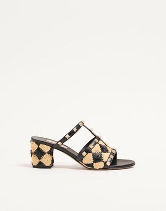 Valentino Garavani Rockstud Slide Sandal with Raffia Check Embroidery 60mm Woman NATURAL/BLACK 35.5