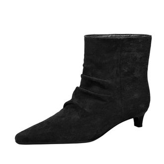 Generic High Heels Boots for Women 3CM Winter Shoes Pointed Toe Faux Suede Pleated Retro Comfort Work Office Ankle Boot (Black,3.5)