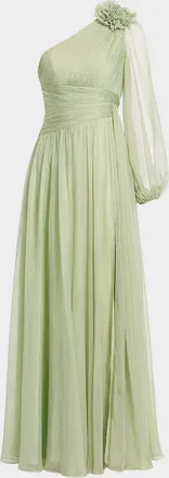 Mac Duggal Pleated One-Shoulder Chiffon Gown