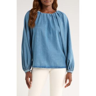 Topshop Puff Sleeve Denim Shirt in Medium Blue at Nordstrom Rack, Size 4 Us (Fits Like 0-2)