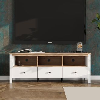 Dmora Mueble Para Tv Tiarno, 3 Cajones, 4 Estantes, Con Patas, 143x40x54h Cm Blanco Mate