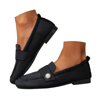 Generic Womens Faux Suede Loafers Casual Shoes for Women Slip On Ballet Flats Pearl Decor Lightweight Walking Shoes Fashion Low Top Square Toe Dating Work Lei