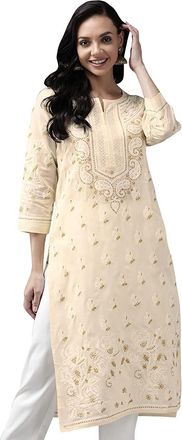 ADA Indian Chikankari Hand Embroidered Womens Straight Cotton Kurti Kurta Tunic Dress A411182 (Cream, XL)
