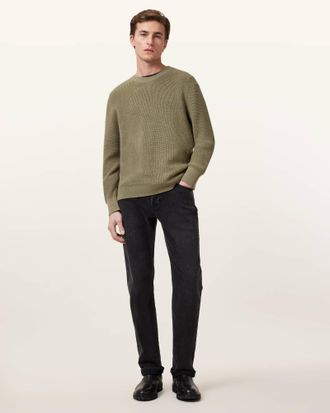 AllSaints Mens Cotton Aspen Waffle Texture Crew Neck Ramskull Jumper, Size: XXL