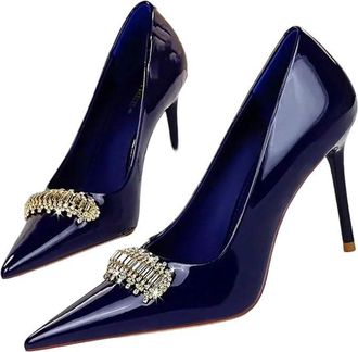 Generic Womens Patent Leather High Heel Pumps Crystal Detail Wedding Party Dress Shoes Blue