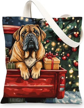 Generic Christmas Bullmastiffs Dog Canvas Tote Bag for Shopping 13x15, Winter Xmas Truck Puppy Reusable Grocery Print Pattern Bag for Women, Happy New Year Be