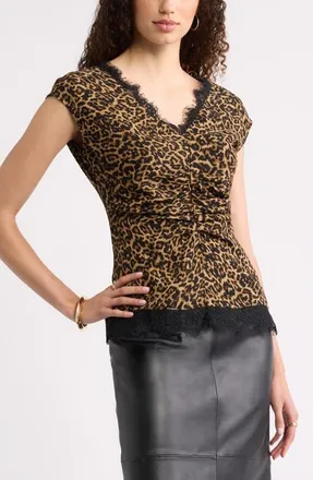 Nordstrom Lace Trim Ruched Top in Tan- Black Leone Leopard at Nordstrom, Size Xx-Large