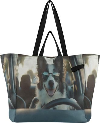 Generic Collie Driving Car Beige pattern Reusable Canvas Tote Bag, Heavy Duty Grocery Shopping Bag with Double Handles Large Capacity Hard Bottom Work Groceri
