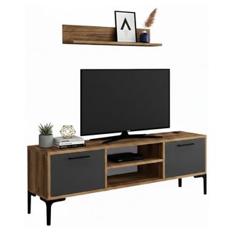 Dmora Dmora - Mueble De Televisi&oacute;n Tureis, Aparador De Sal&oacute;n, Mueble Bajo Para Tv, Base De Pared Equipada, 140x30h48 Cm, Nogal Y Antracita, Con Embalaje Ref