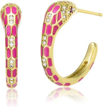 Rachel Glauber RG 14k Yellow Gold Plated with Cubic Zirconia Pink Enamel Python Snake C-Hoop Earrings