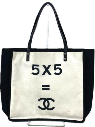 Chanel Black White Canvas Leather Shoulder Bag Tote Bag (Pre-Owned)