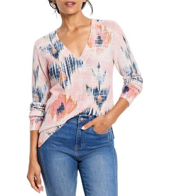 Nic+Zoe Abstract Floral Waffle Stitch V-Neck Sweater In Pink Multi