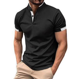 Generic Mens Short Sleeved Polo Shirt - Button Stand-up Collar Round Neck Tops Simple Solid Color Pocketless Design Tops Summer Casual Business Wear Outdoor B