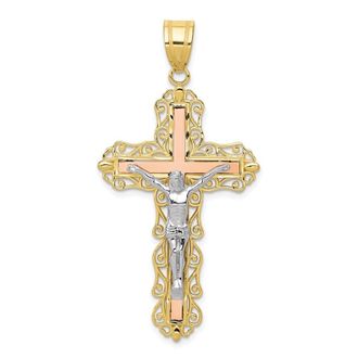 Diamond2Deal 10K Tri-color Diamond-cut Crucifix Pendant