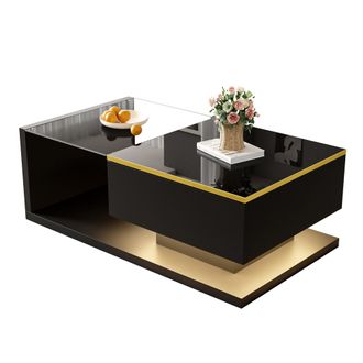 STILVORA Mesa De Centro 90&times;50&times;32,5 Cm Con Tapa De Vidrio Y Led 16 Colores, Negro Brillo, En Tablero De Part&iacute;culas, Negro