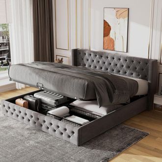 C&A Gray Velvet Upholstered Bed with Hydraulic Storage,150x200cm,Mattress Not Included