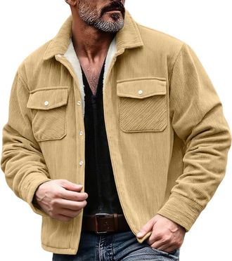 Generic Shacket Mens Sherpa Fleece Lined Corduroy Jacket Men Trucker Button up Thermal Warm Winter Coat Vintage Work Casual Cargo Jackets Khaki