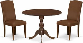 East West Furniture DMEN3-MAH-66 3 Piece Modern Dining Table Set Consists of 1 Drop Leaves Wooden Dining Table and 2 Brown Faux Leather Dining Chairs High Back with Nail 