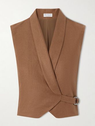 Brunello Cucinelli Gilet A Portafoglio In Twill Di Lino - Marrone