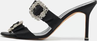 Manolo Blahnik Black Satin Crystal Embellished Slide Sandals