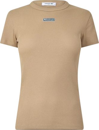 Lacoste Dames-T-shirt met ronde hals en geribbde fleece (Beige)