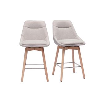 Miliboo Taburetes De Bar Escandinavos Giratorios 360&deg; En Tela Efecto Terciopelo Texturizado Beige Y Madera Clara H65 Cm (lote De 2) Aless