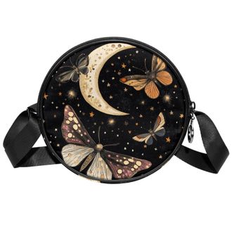 Generic Circle Crossbody Bag for Women, Butterflies Moth Moon Starlight Small Sling Bag Daypack with Zipper Adjustable Shoulder Straps Casual Ladies Girls Rou